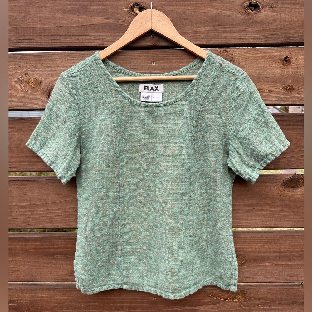 FLAX Women’s Green Short-Sleeve 100% Linen Petite Scoop Neck Top